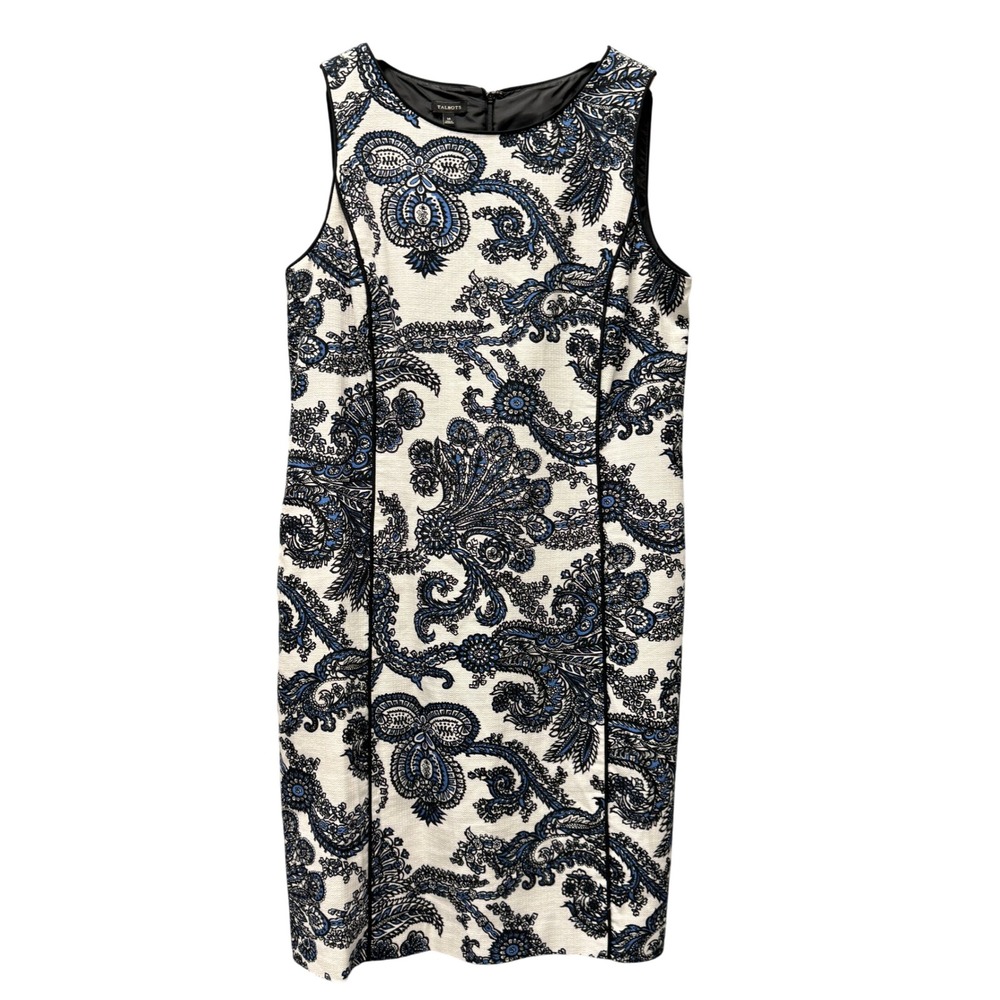 Talbots Sheath Dress Womens 14 Paisley Blue White Sleeveless‎ Zip Up Lined